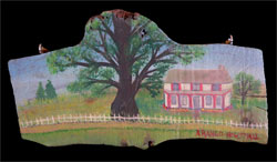 Oil paint depiction of the homestead of the Wye Oak painted on a piece of the Wye Oak by Liz Arango- Howshall